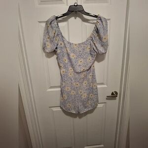 GB Medium Blue Yellow Floral Off-Shoulder Puffy Coquette Bohemian Shorts Romper